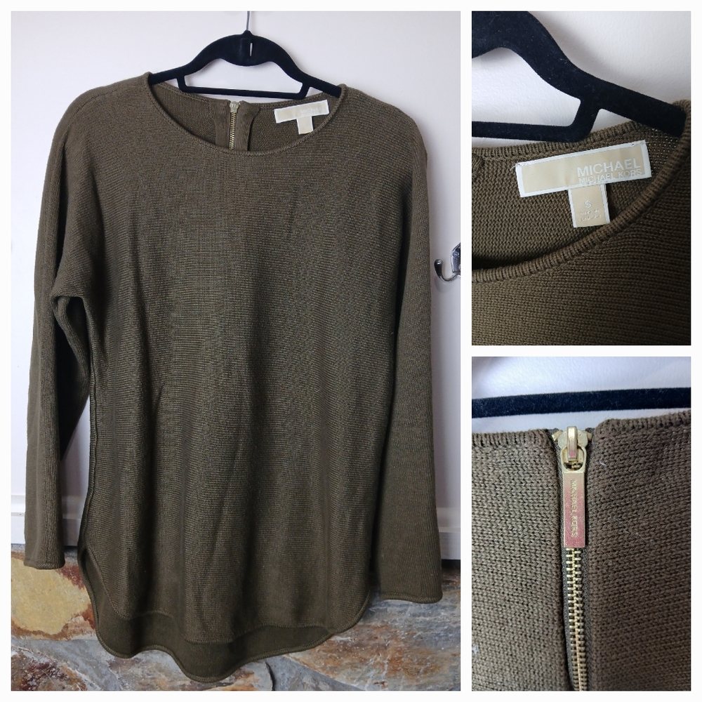 Michael Kors Navy Green Long Sleeve Curved Hem Sweater Small Gold Zipper